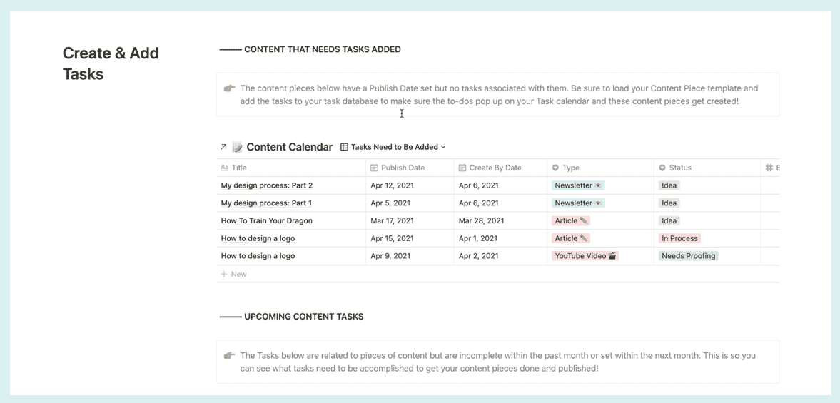 Notion Create & Add Tasks Dashboard