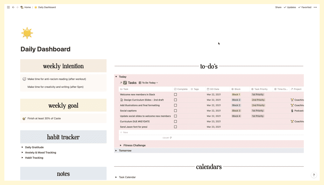 Notion Daily Dashboard To-Dos