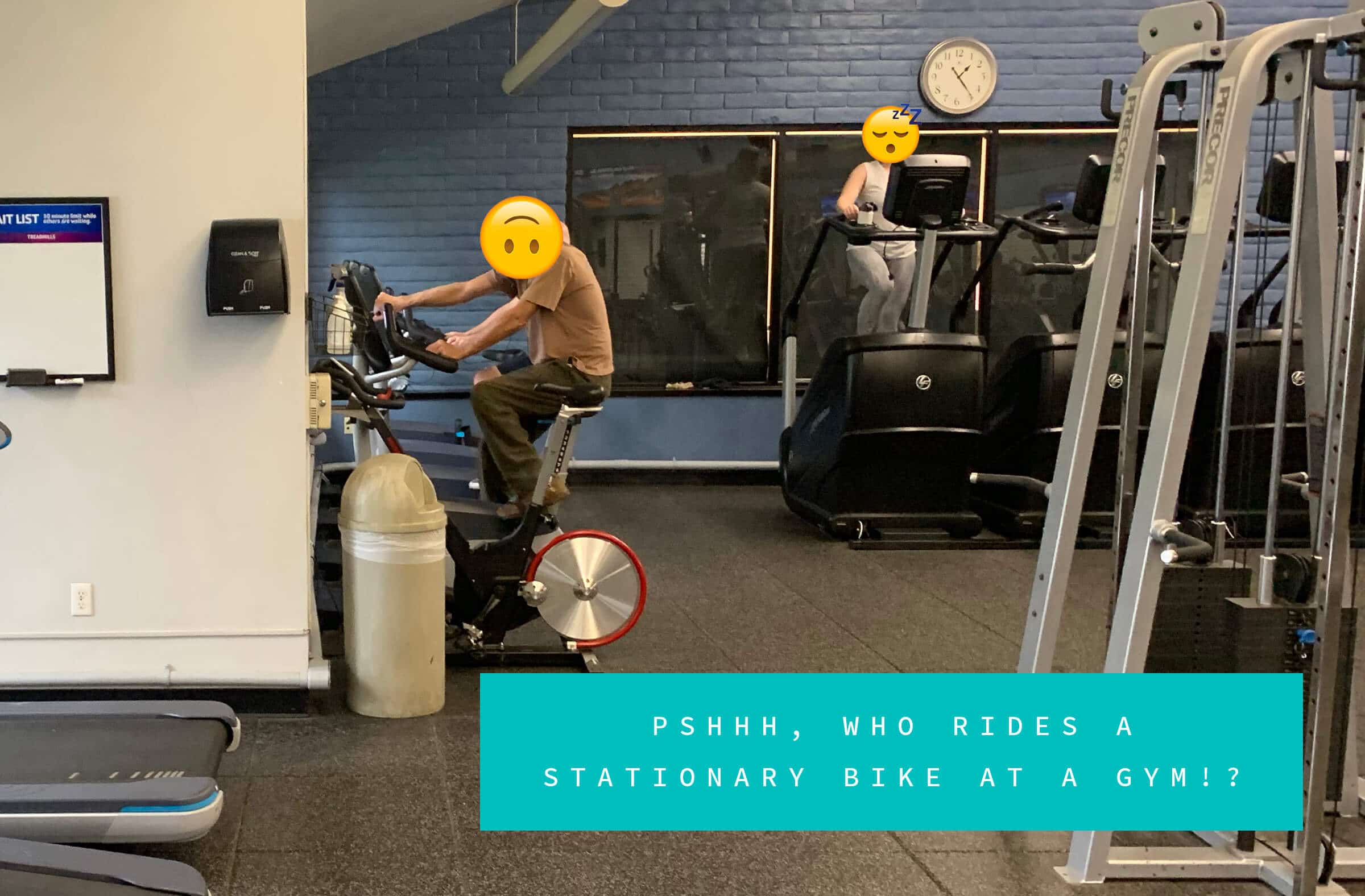 Normal people riding stationary bikes at the gym