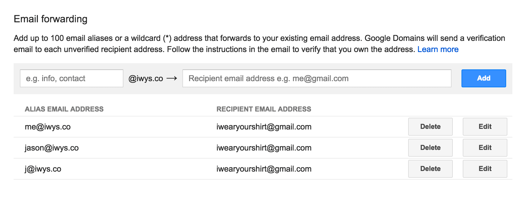 Google Domains Email Aliases