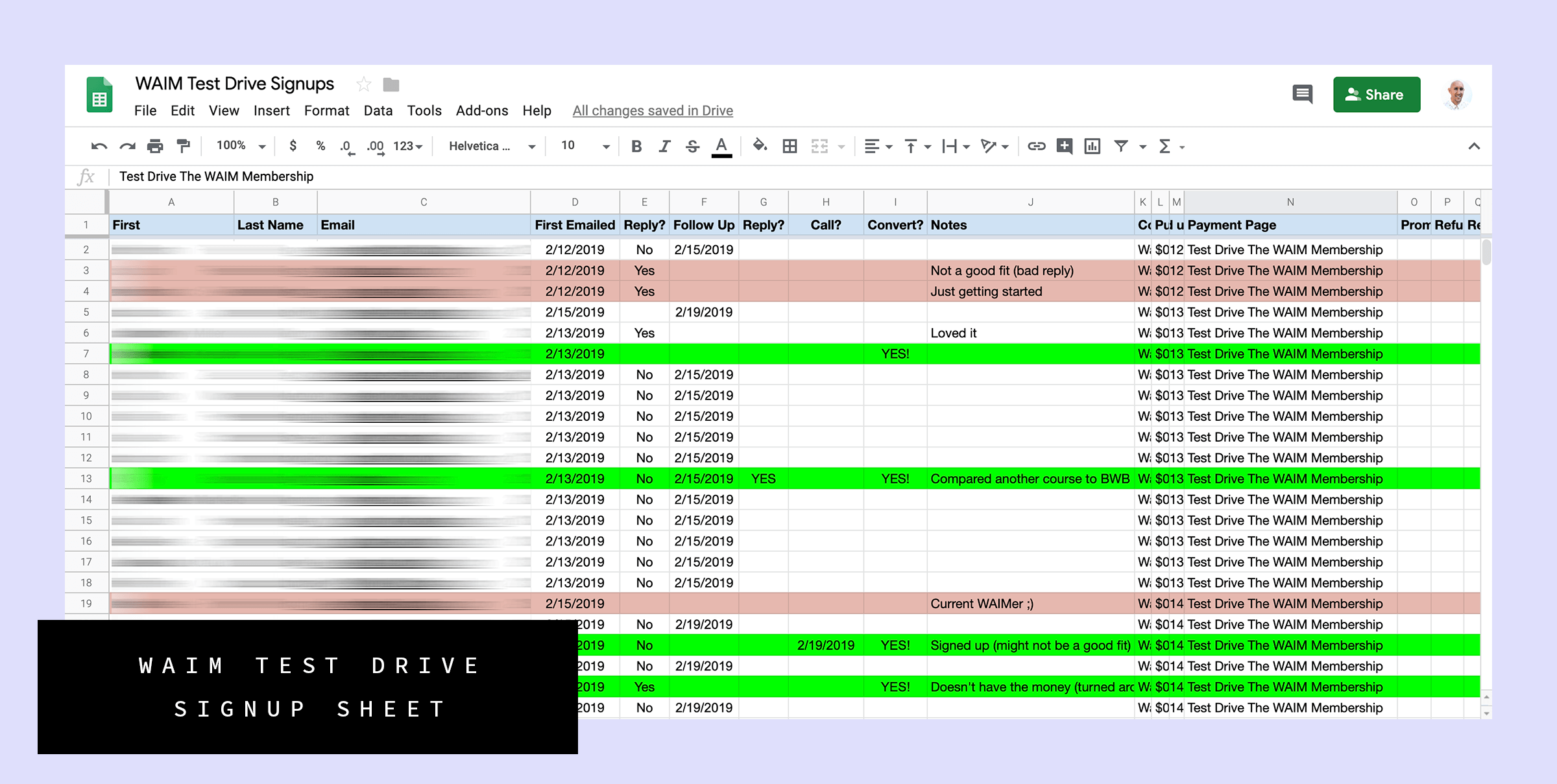 Wandering Aimfully Membership Test Drive Google Sheet