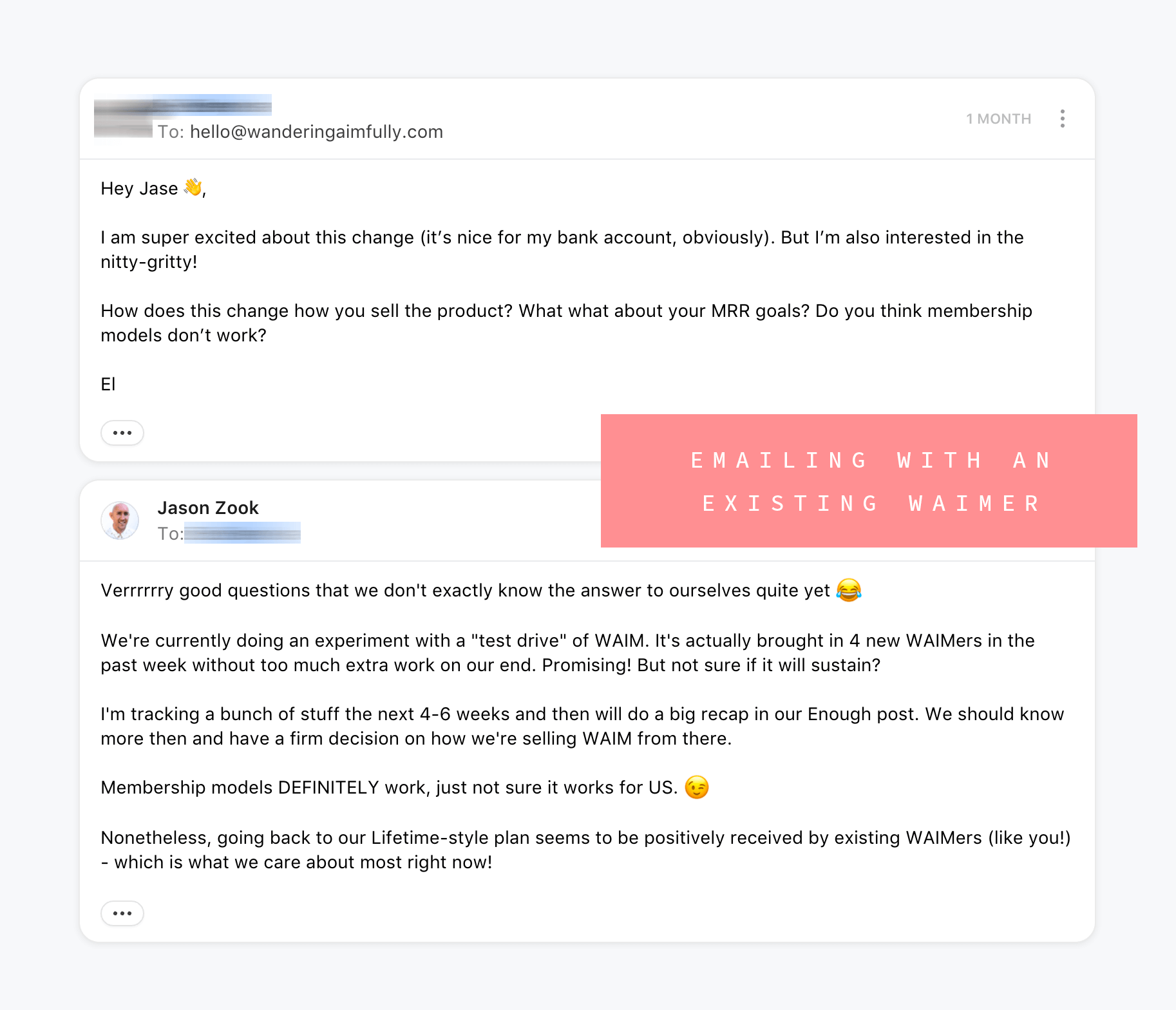 Emailing with an existing WAIM customer about pricing changes